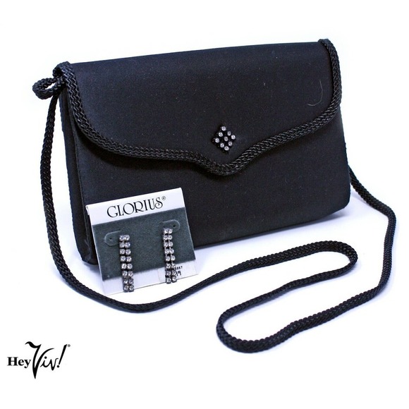 Vintage Black Satin Evening Clutch Purse w Rhinestone Dangle Earrings - Hey Viv - Picture 1 of 5